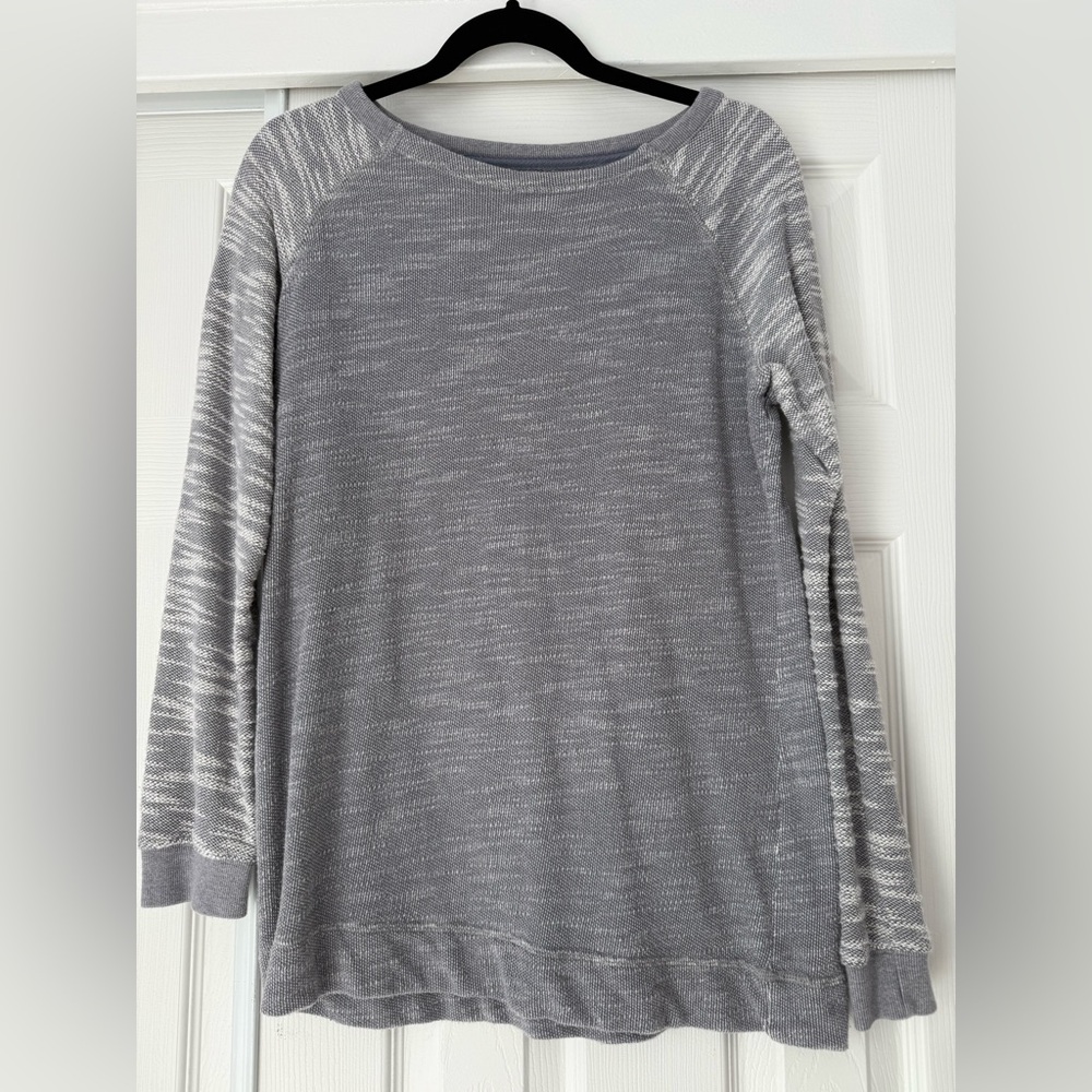 Blue/grey sweater with white and grey sleeves